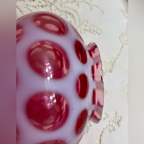 Vintage Fenton Opalescent Coin Dot Cranberry Boudoir Glass Lamp Light PAIR Marbl - Picture 13 of 16
